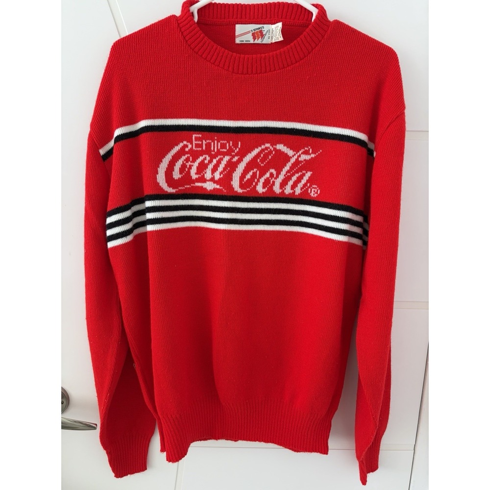 Vintage Coca-Cola 3 Strikes Red White Black Stripe Knit Sweater XL